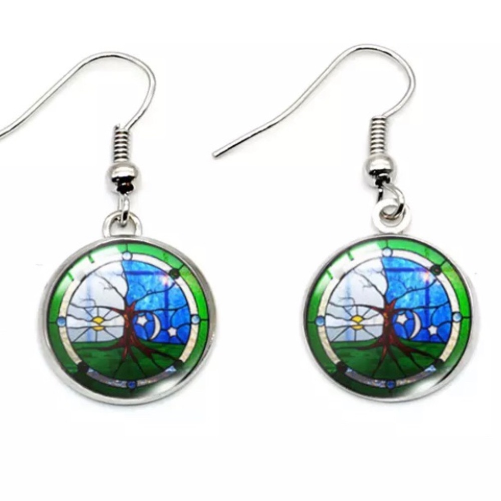 Tree Sun Moon Cabochon Drop Earrings new